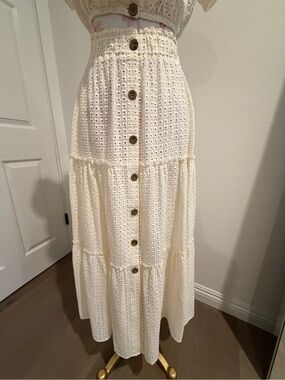 Eberjey Cream Eyelet Tiered Button-Front Maxi Skirt